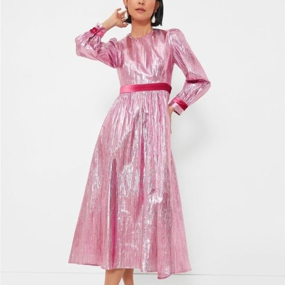 Tuckernuck Hyacinth House Pink Metallic Plisse Eloise Midi Dress Sz S - Picture 2 of 15